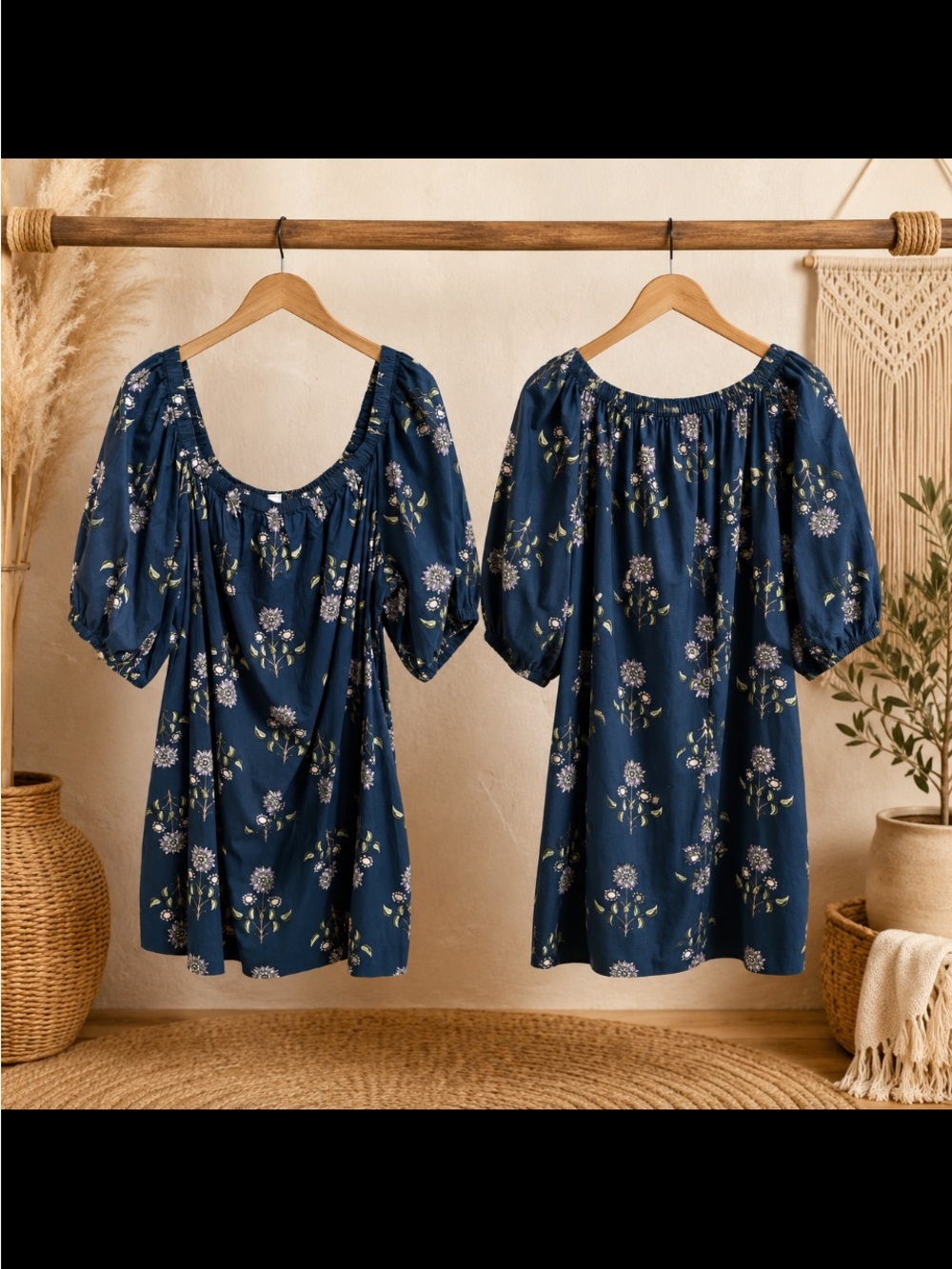 Old Navy Navy Floral Puff-Sleeve Dress 2xl
